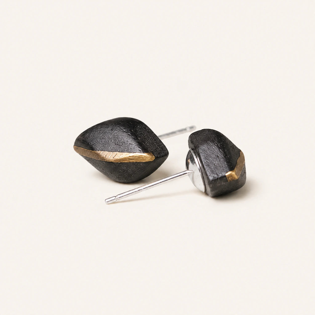 Ebony Wood Stud Earrings Grounding Inner Peace Vintage Amulet
