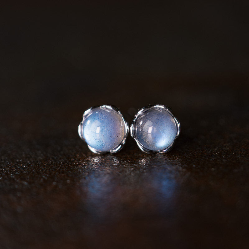 Natural Moonstone Stud Earrings Intuition Emotional Balance Vintage Amulet